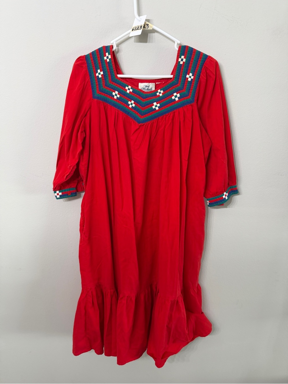 Women’s Beth Michaels Vintage Red Embroidered Square-Yoke Dress No Tag AI-L